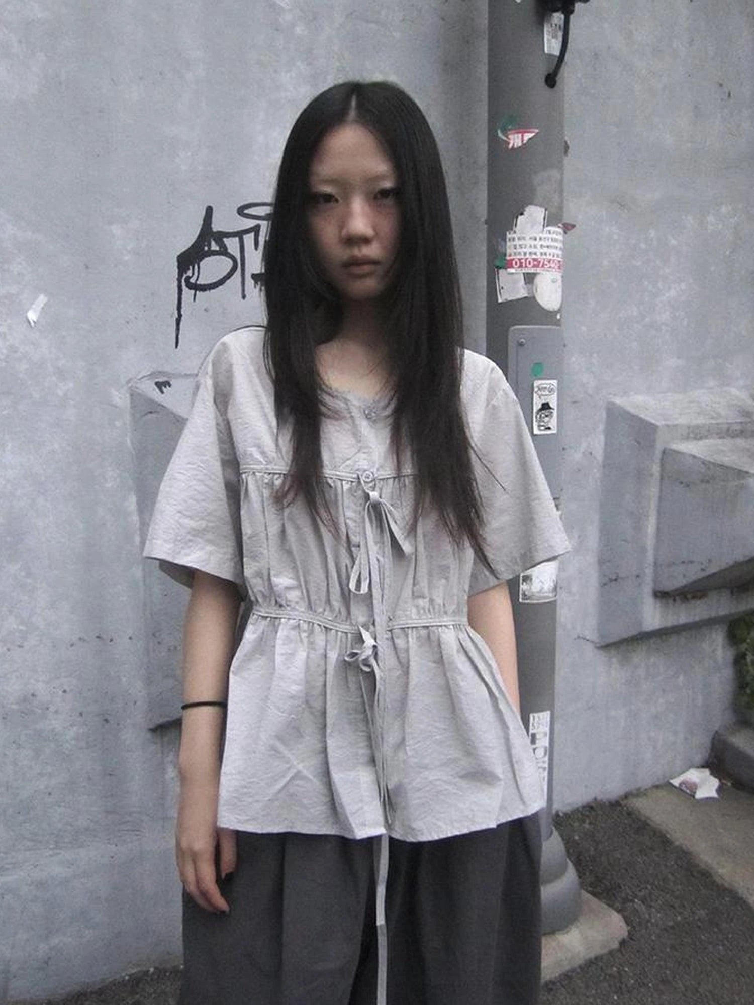 Korean Style Lightweight Tied Waist Pleated Single Row Button Short Sleeve Top