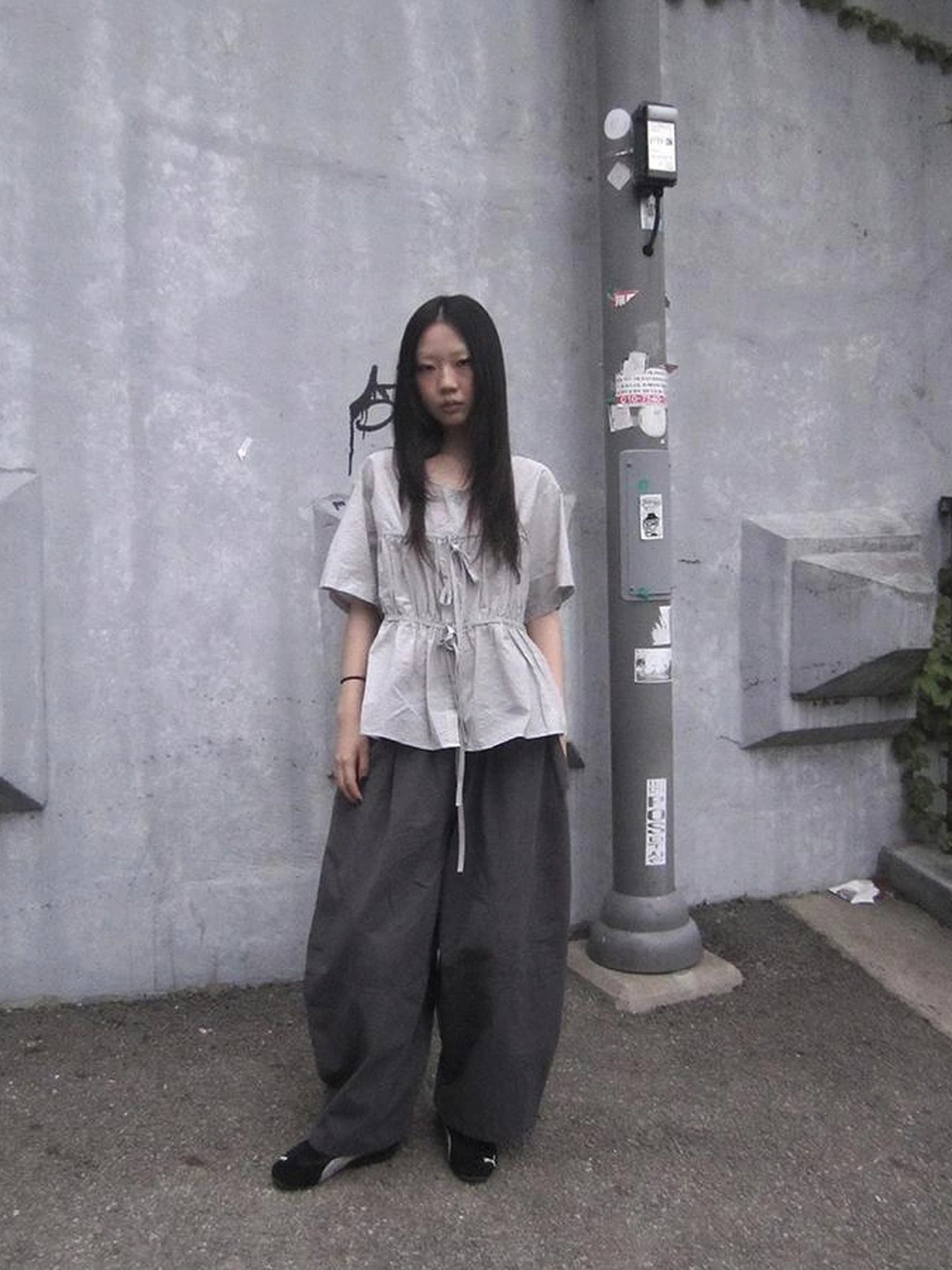 Korean Style Lightweight Tied Waist Pleated Single Row Button Short Sleeve Top