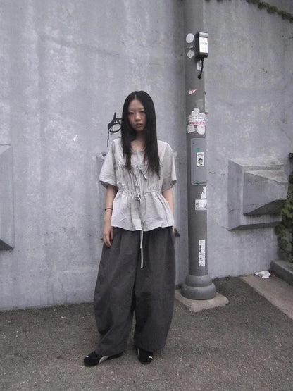 Korean Style Lightweight Tied Waist Pleated Single Row Button Short Sleeve Top