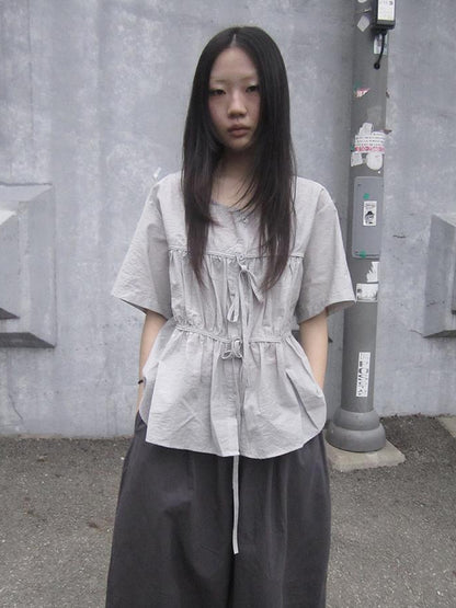 ang project Korean Style Lightweight Tied Waist Pleated Single Row Button Short Sleeve Top