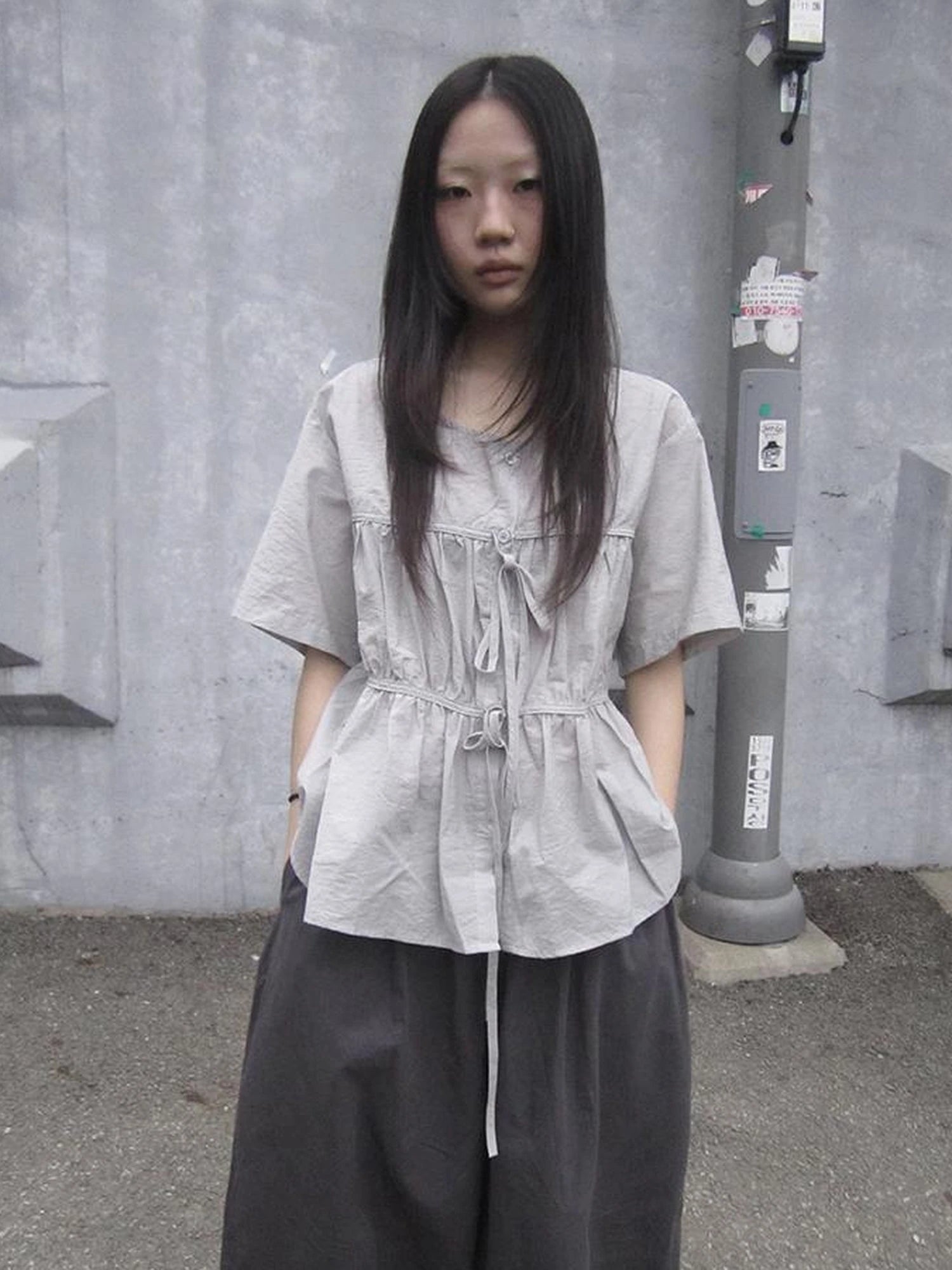 Korean Style Lightweight Tied Waist Pleated Single Row Button Short Sleeve Top