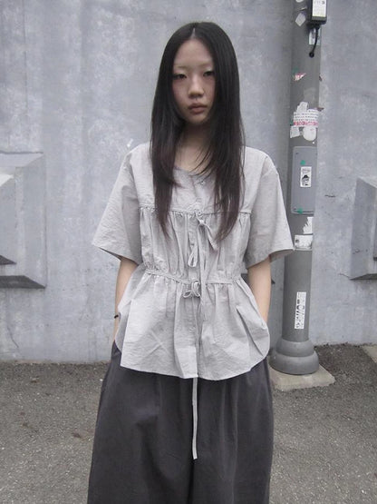 Korean Style Lightweight Tied Waist Pleated Single Row Button Short Sleeve Top