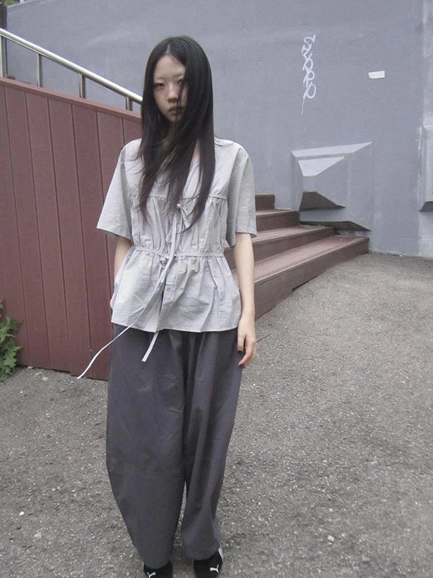 Korean Style Lightweight Tied Waist Pleated Single Row Button Short Sleeve Top