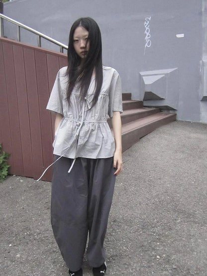 Korean Style Lightweight Tied Waist Pleated Single Row Button Short Sleeve Top