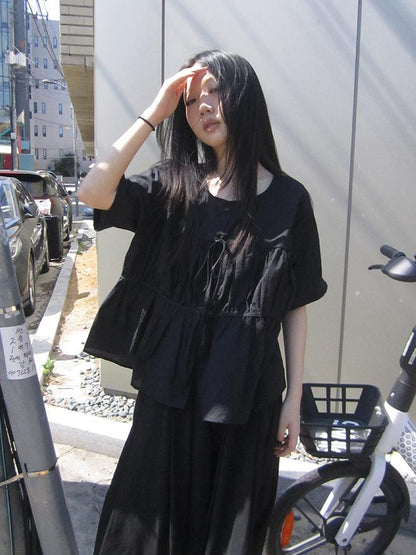 ang project Korean Style Lightweight Tied Waist Pleated Single Row Button Short Sleeve Top