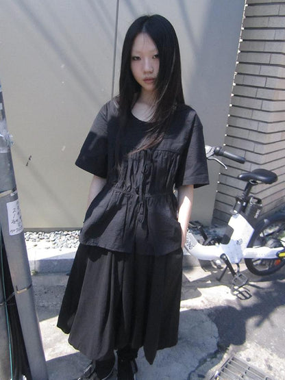 ang project Korean Style Lightweight Tied Waist Pleated Single Row Button Short Sleeve Top