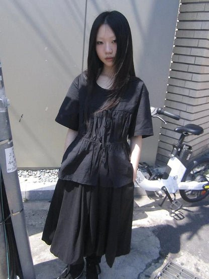 Korean Style Lightweight Tied Waist Pleated Single Row Button Short Sleeve Top