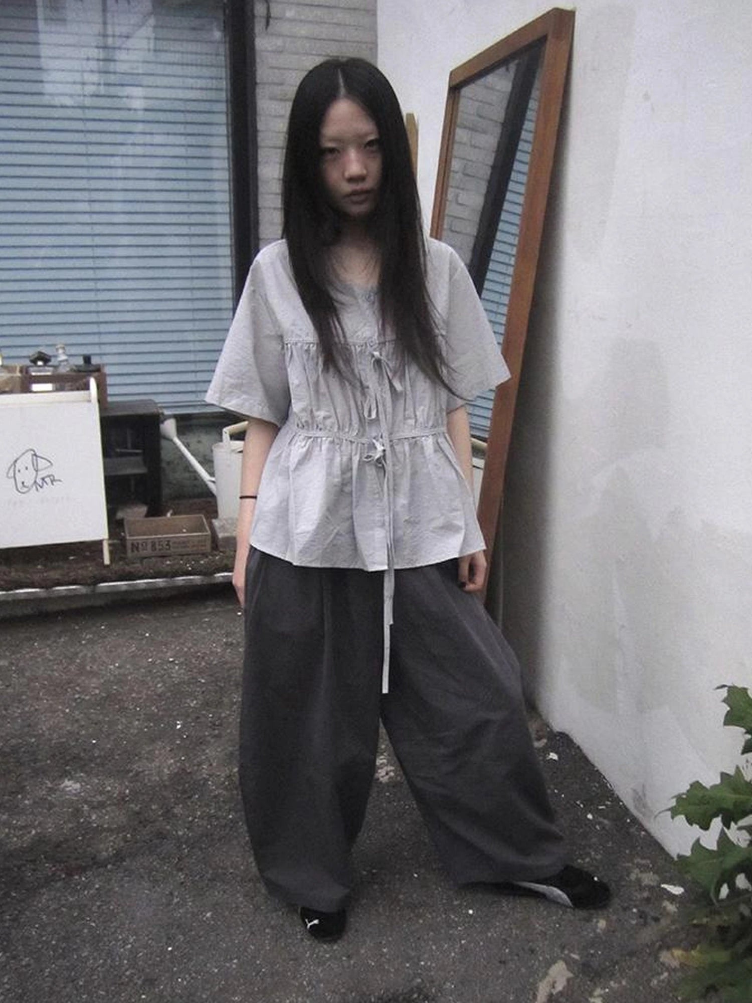 Korean Style Lightweight Tied Waist Pleated Single Row Button Short Sleeve Top