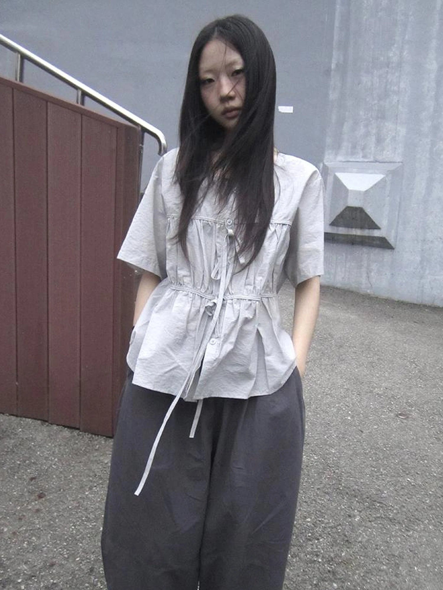 Korean Style Lightweight Tied Waist Pleated Single Row Button Short Sleeve Top