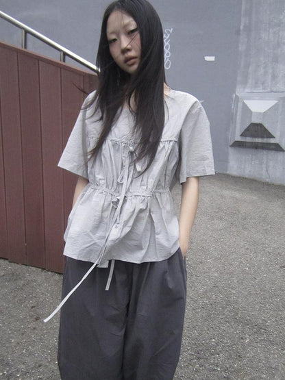 ang project Korean Style Lightweight Tied Waist Pleated Single Row Button Short Sleeve Top