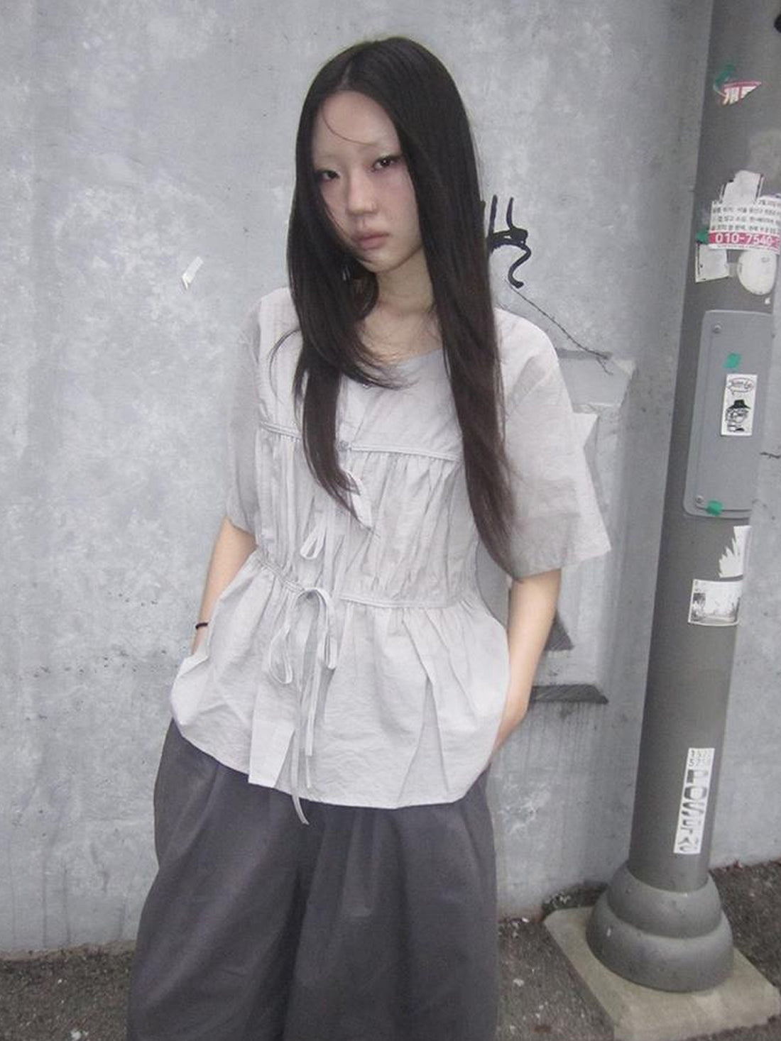 ang project Korean Style Lightweight Tied Waist Pleated Single Row Button Short Sleeve Top
