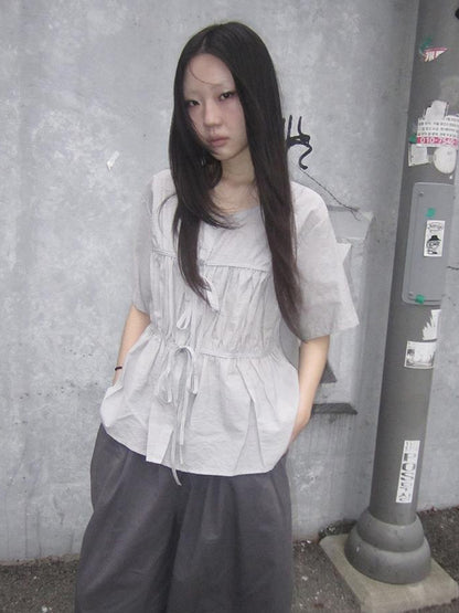 ang project Korean Style Lightweight Tied Waist Pleated Single Row Button Short Sleeve Top