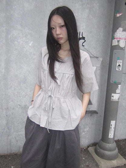 Korean Style Lightweight Tied Waist Pleated Single Row Button Short Sleeve Top