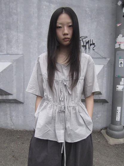 ang project Korean Style Lightweight Tied Waist Pleated Single Row Button Short Sleeve Top