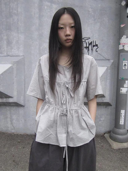 Korean Style Lightweight Tied Waist Pleated Single Row Button Short Sleeve Top