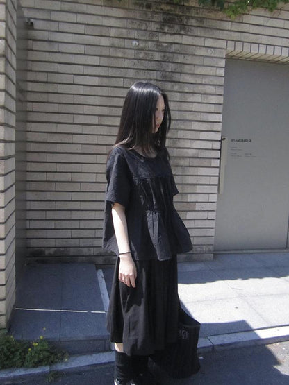 ang project Korean Style Lightweight Tied Waist Pleated Single Row Button Short Sleeve Top