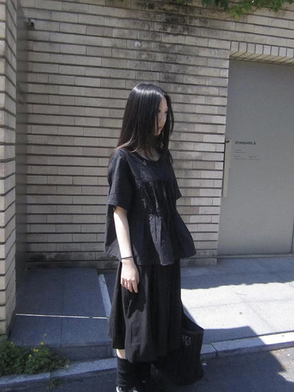 Korean Style Lightweight Tied Waist Pleated Single Row Button Short Sleeve Top