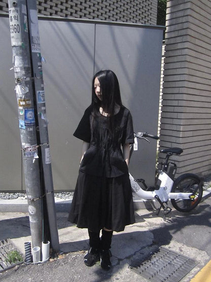 Korean Style Lightweight Tied Waist Pleated Single Row Button Short Sleeve Top