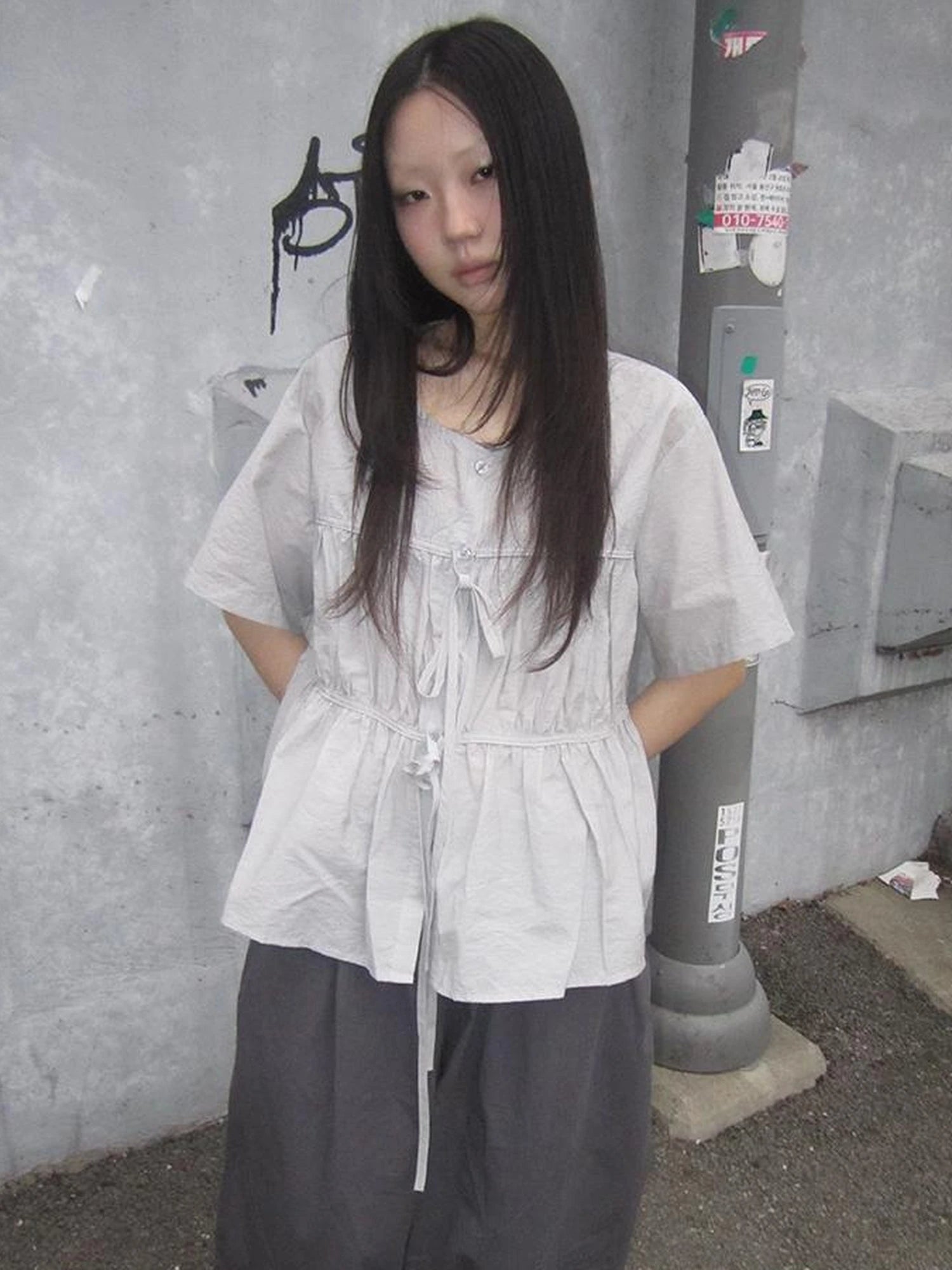 Korean Style Lightweight Tied Waist Pleated Single Row Button Short Sleeve Top