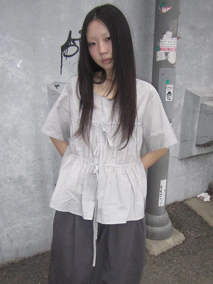 Korean Style Lightweight Tied Waist Pleated Single Row Button Short Sleeve Top