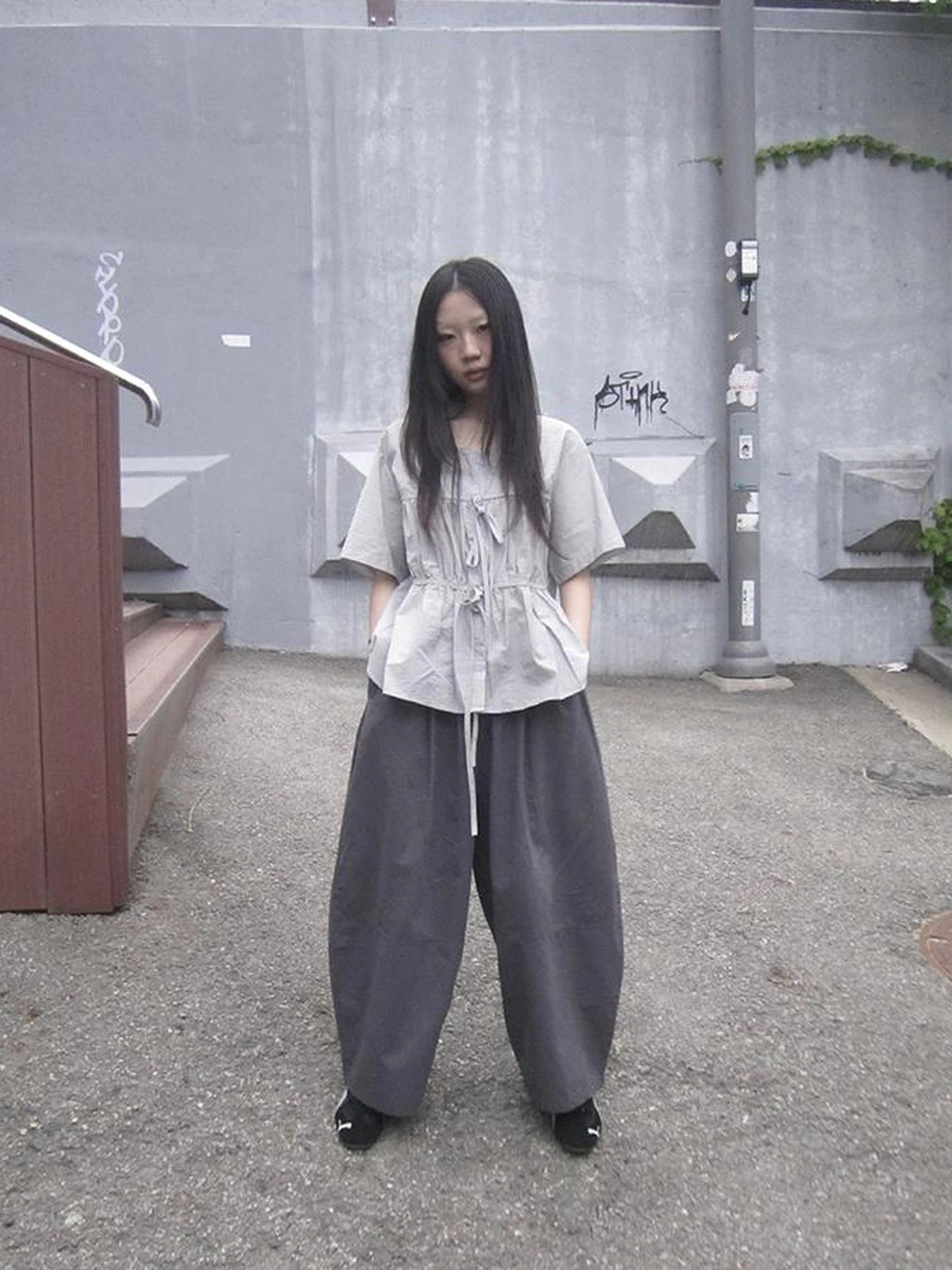 Korean Style Lightweight Tied Waist Pleated Single Row Button Short Sleeve Top