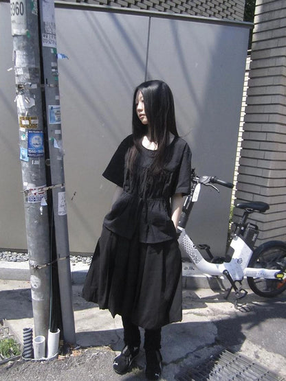 Korean Style Lightweight Tied Waist Pleated Single Row Button Short Sleeve Top