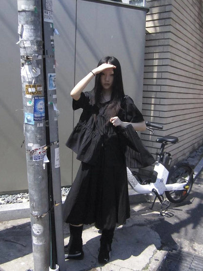 Korean Style Lightweight Tied Waist Pleated Single Row Button Short Sleeve Top