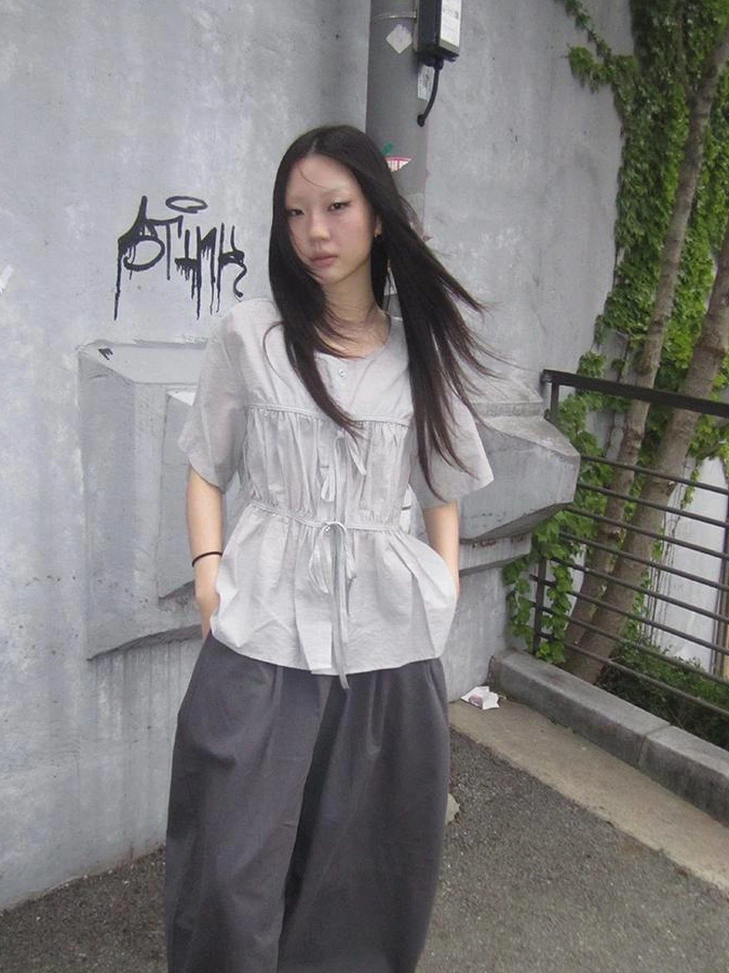 Korean Style Lightweight Tied Waist Pleated Single Row Button Short Sleeve Top