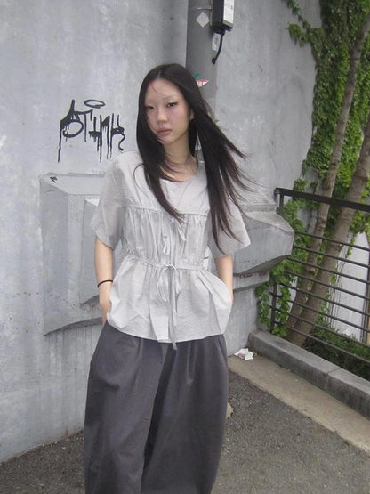 Korean Style Lightweight Tied Waist Pleated Single Row Button Short Sleeve Top