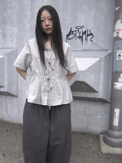 ang project Korean Style Lightweight Tied Waist Pleated Single Row Button Short Sleeve Top