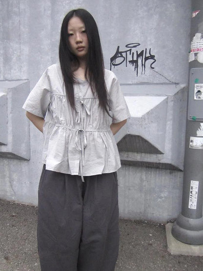 Korean Style Lightweight Tied Waist Pleated Single Row Button Short Sleeve Top