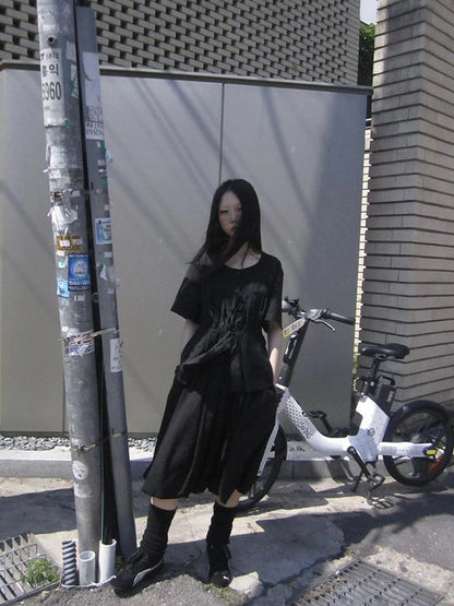 Korean Style Lightweight Tied Waist Pleated Single Row Button Short Sleeve Top