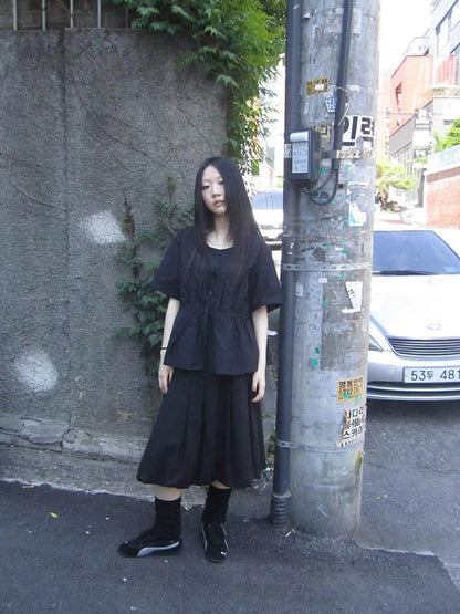 Korean Style Lightweight Tied Waist Pleated Single Row Button Short Sleeve Top