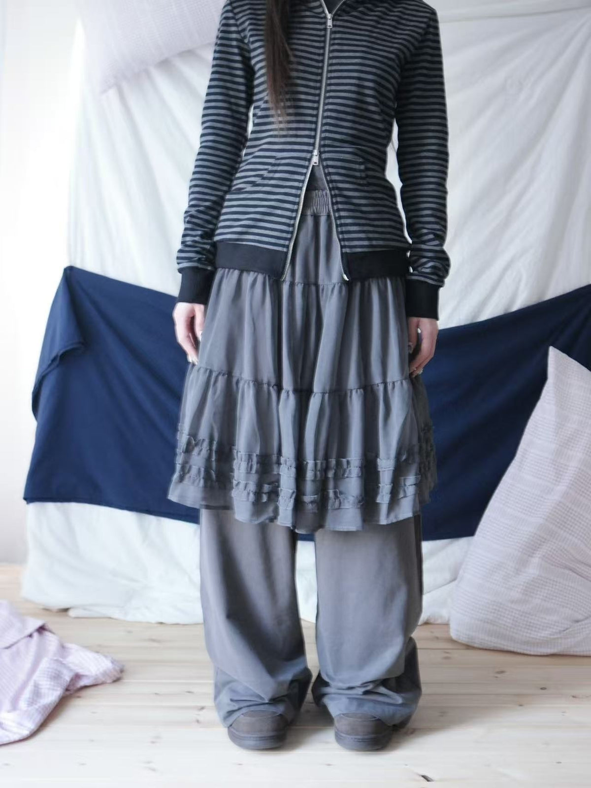 ang_project_Korean_Style_Ruffled_Layered_Look_Straight_Leg_Elastic_Waist_Women&