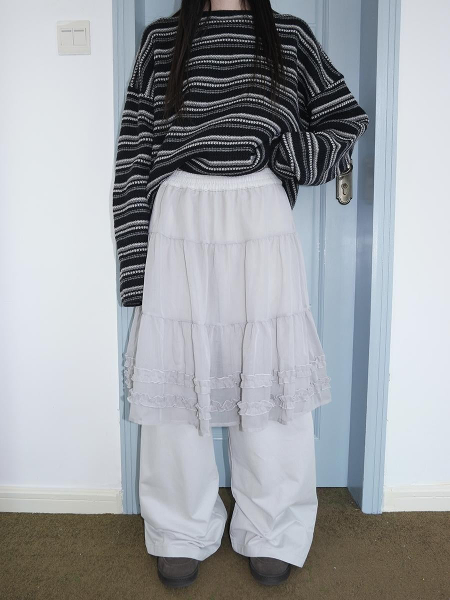 ang project Korean Style Ruffled Layered Look Straight Leg Elastic Waist Women&