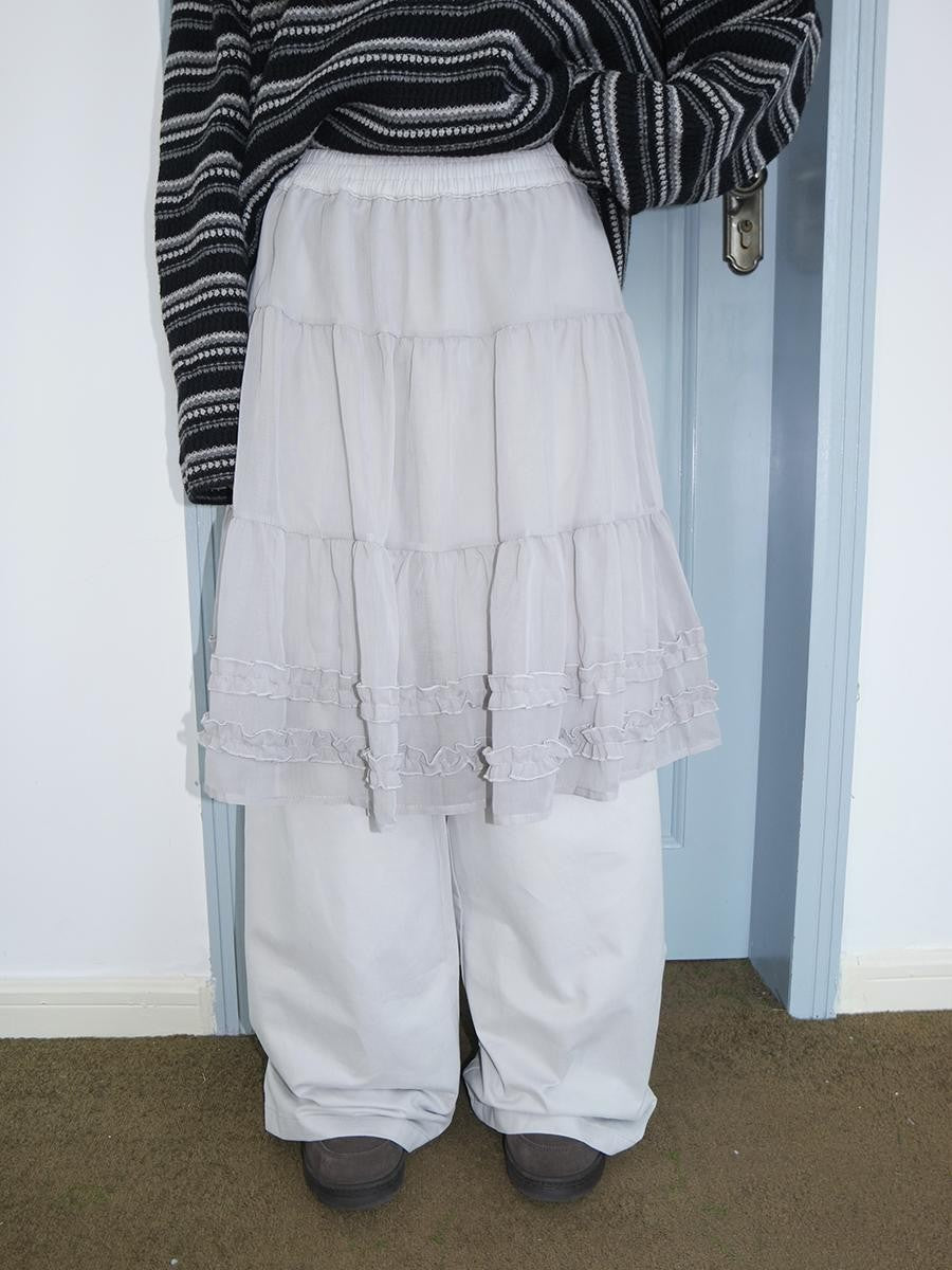 ang project Korean Style Ruffled Layered Look Straight Leg Elastic Waist Women&