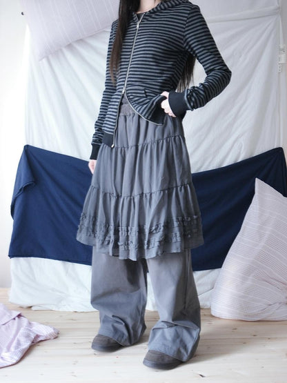 ang project Korean Style Ruffled Layered Look Straight Leg Elastic Waist Women&