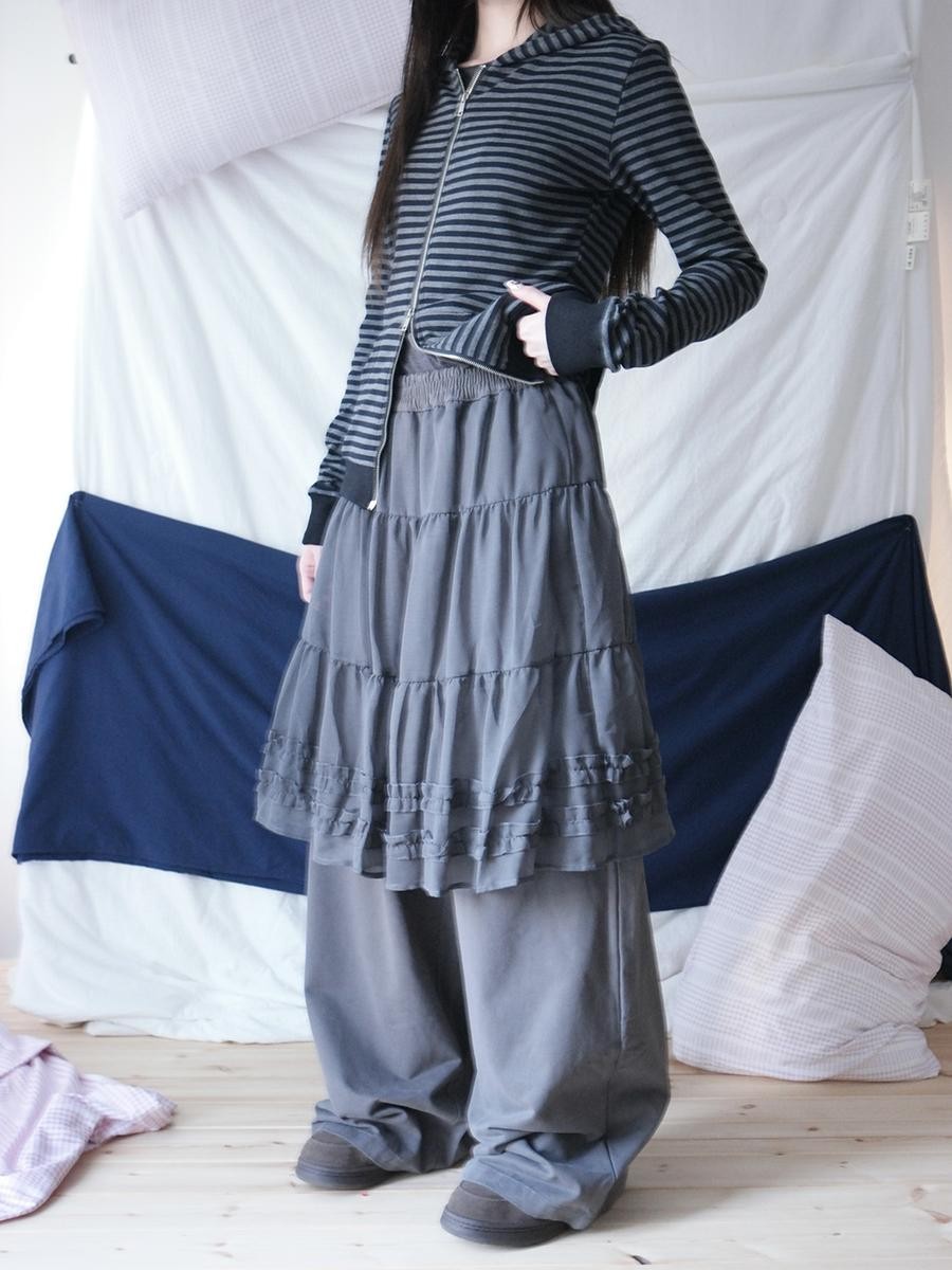 ang project Korean Style Ruffled Layered Look Straight Leg Elastic Waist Women&