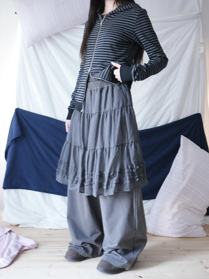 ang project Korean Style Ruffled Layered Look Straight Leg Elastic Waist Women&