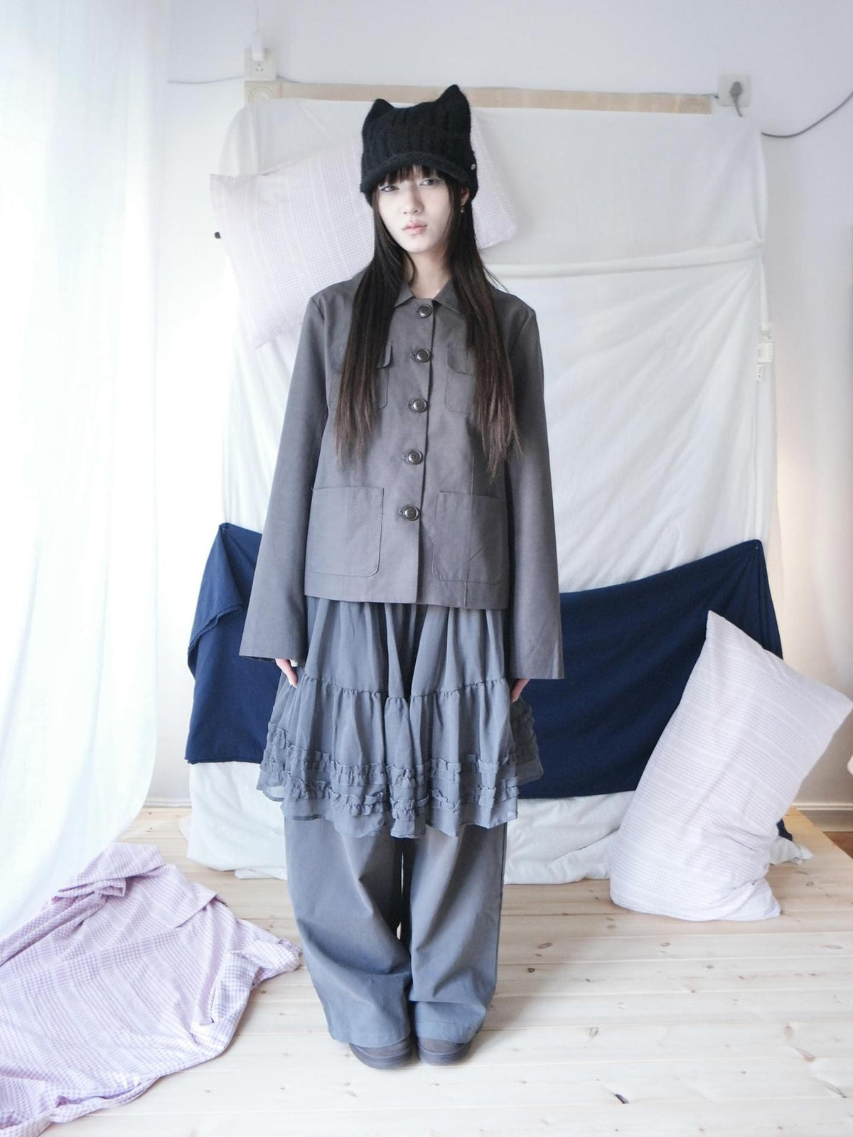 ang project Korean Style Ruffled Layered Look Straight Leg Elastic Waist Women&