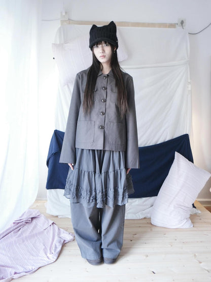 ang project Korean Style Ruffled Layered Look Straight Leg Elastic Waist Women&