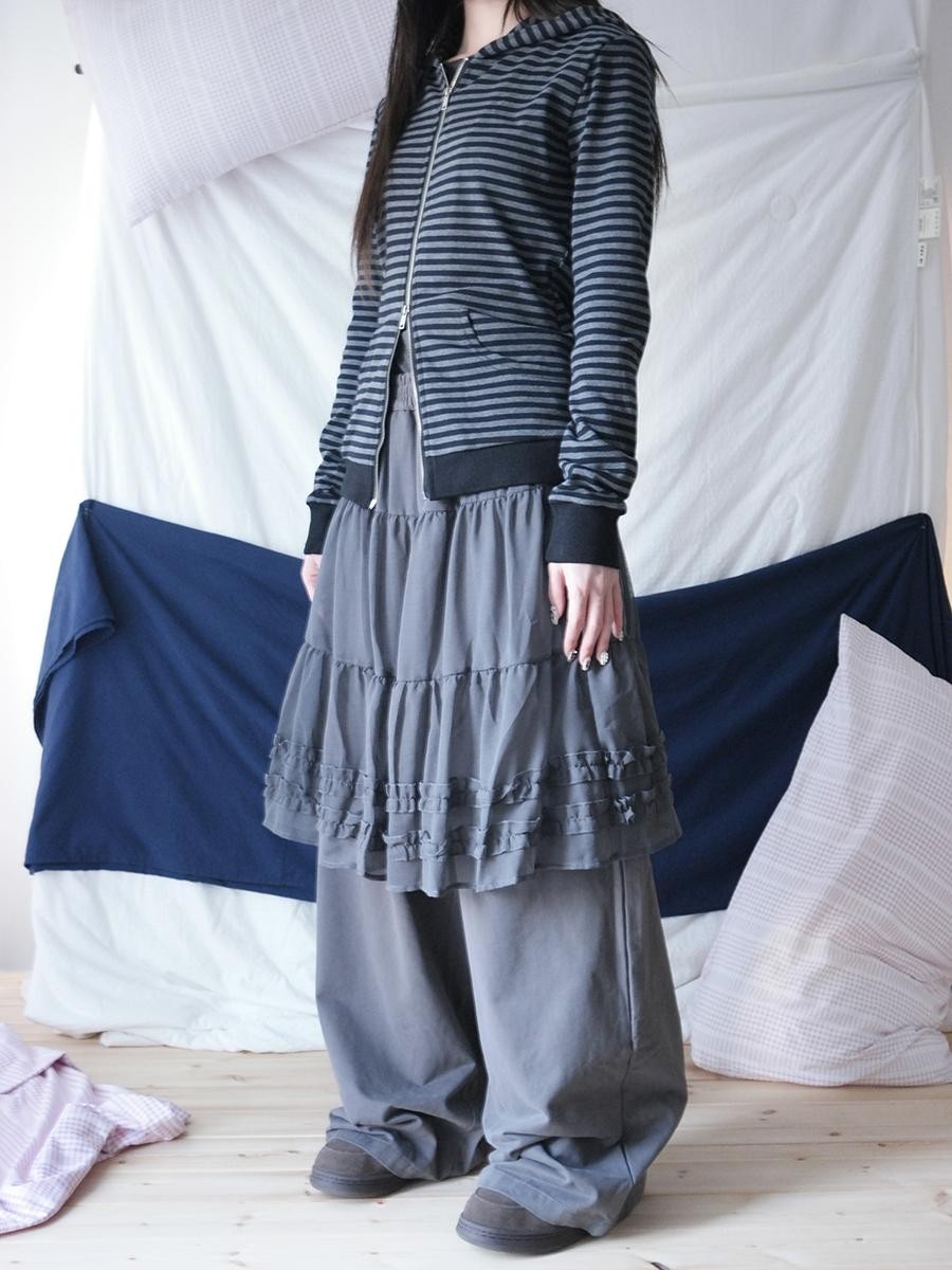 ang project Korean Style Ruffled Layered Look Straight Leg Elastic Waist Women&
