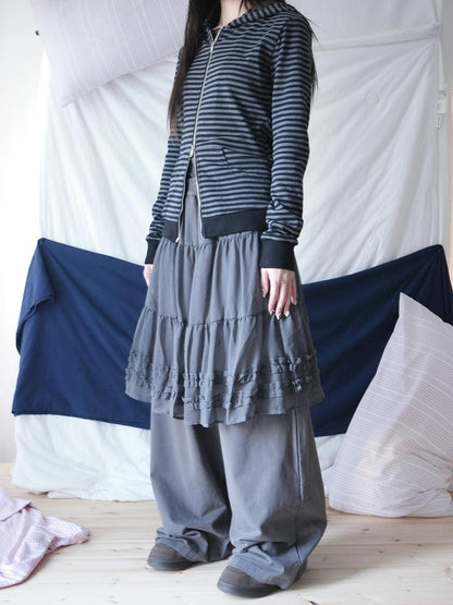 ang project Korean Style Ruffled Layered Look Straight Leg Elastic Waist Women&