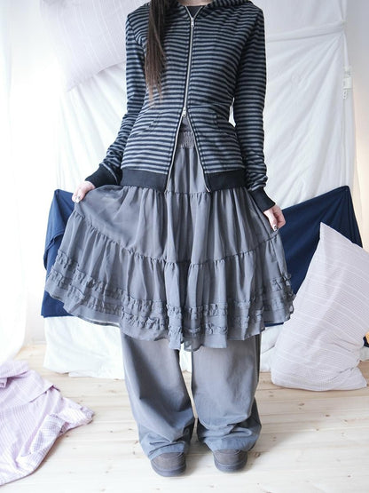 ang project Korean Style Ruffled Layered Look Straight Leg Elastic Waist Women&
