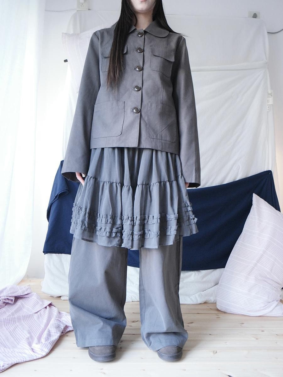 ang project Korean Style Ruffled Layered Look Straight Leg Elastic Waist Women&