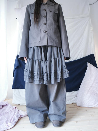 ang project Korean Style Ruffled Layered Look Straight Leg Elastic Waist Women&