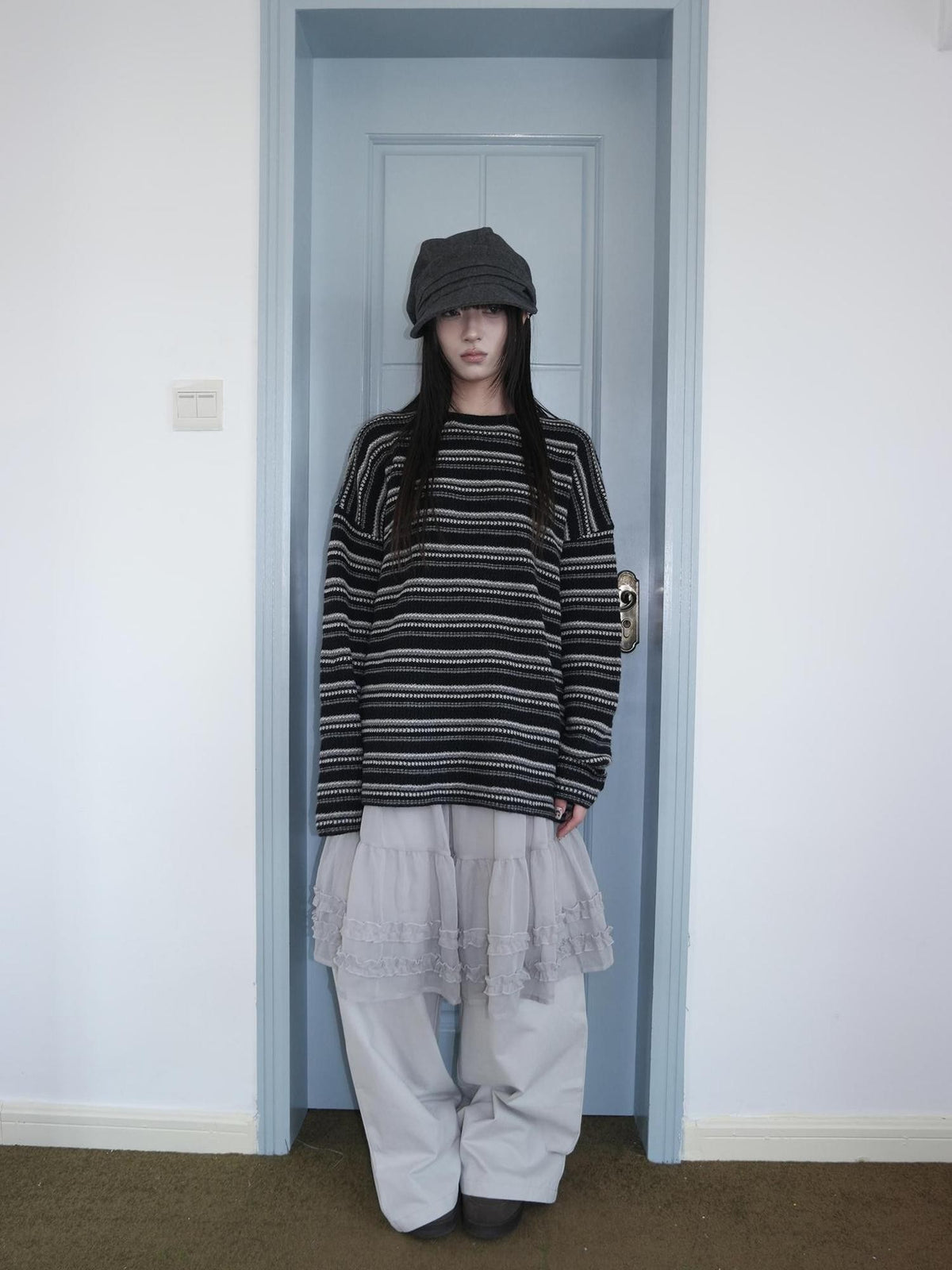 ang project Korean Style Ruffled Layered Look Straight Leg Elastic Waist Women&