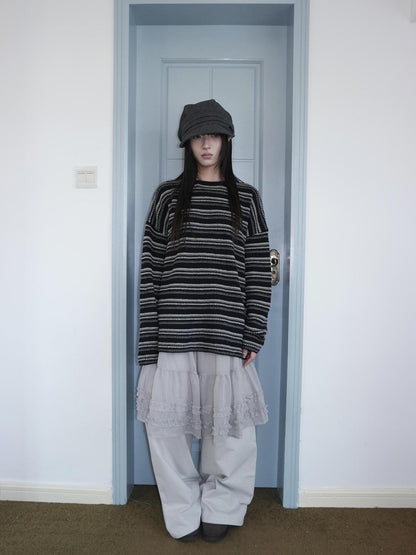ang project Korean Style Ruffled Layered Look Straight Leg Elastic Waist Women&