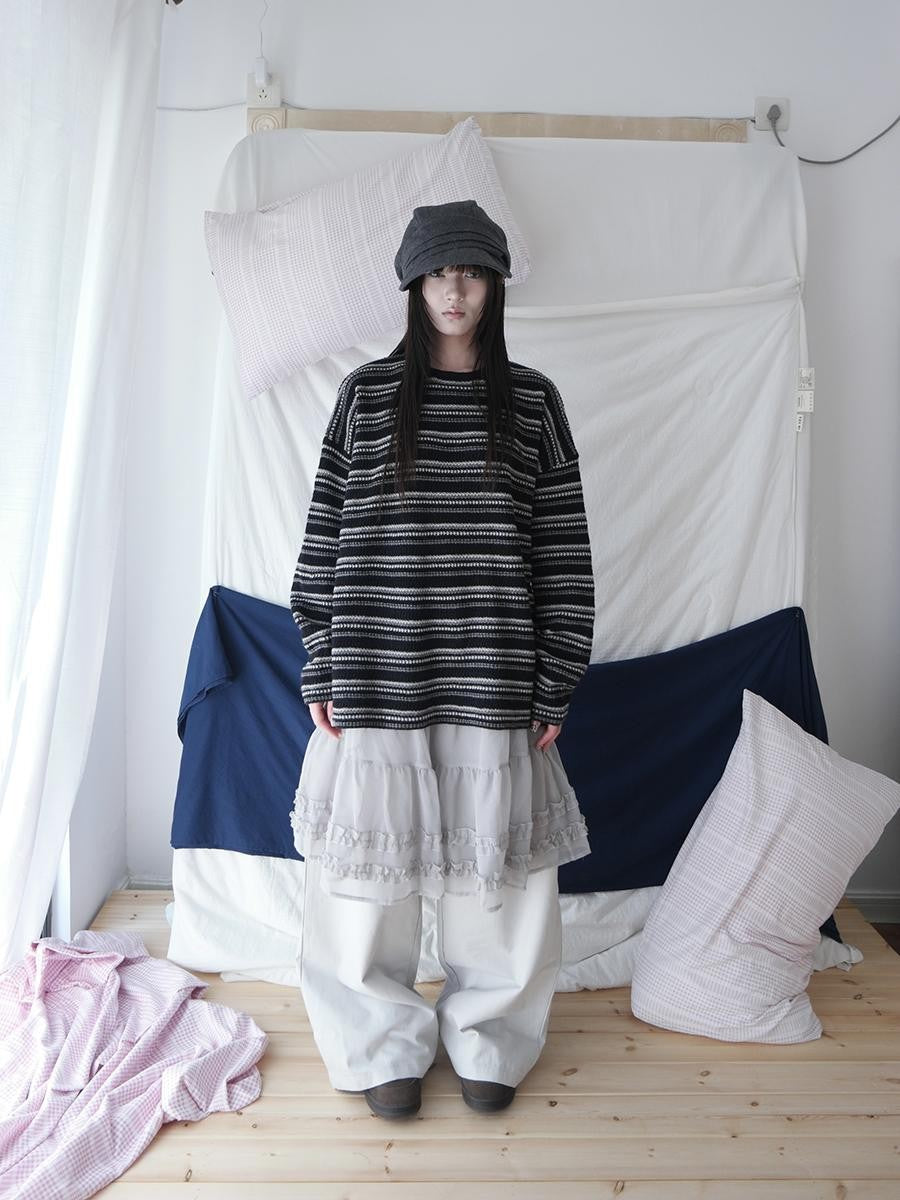 ang project Korean Style Ruffled Layered Look Straight Leg Elastic Waist Women&