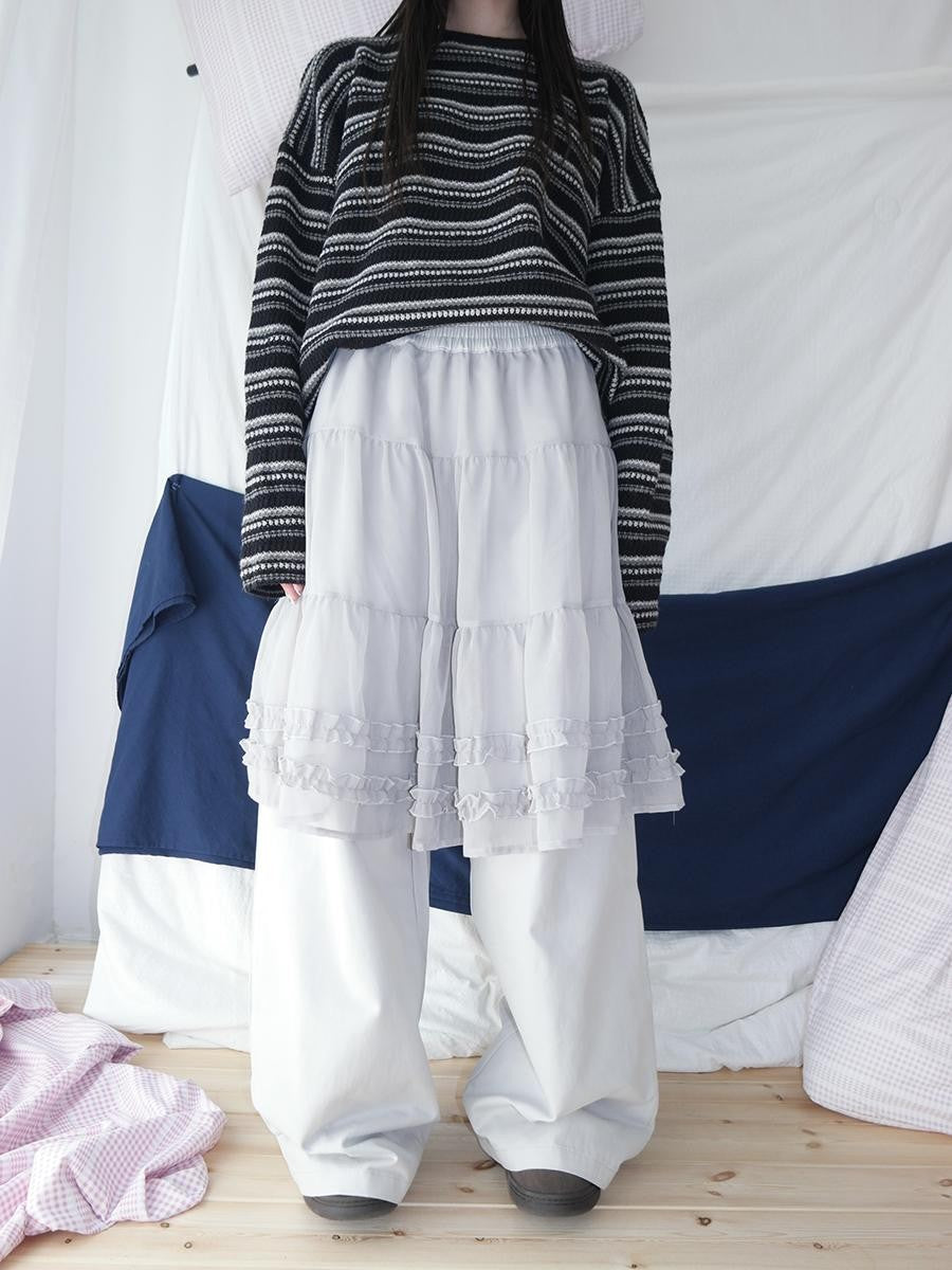 ang project Korean Style Ruffled Layered Look Straight Leg Elastic Waist Women&